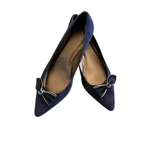 Talbots blue suede Edison gold bow kitten heel 9.5W pointed toe slip on classic